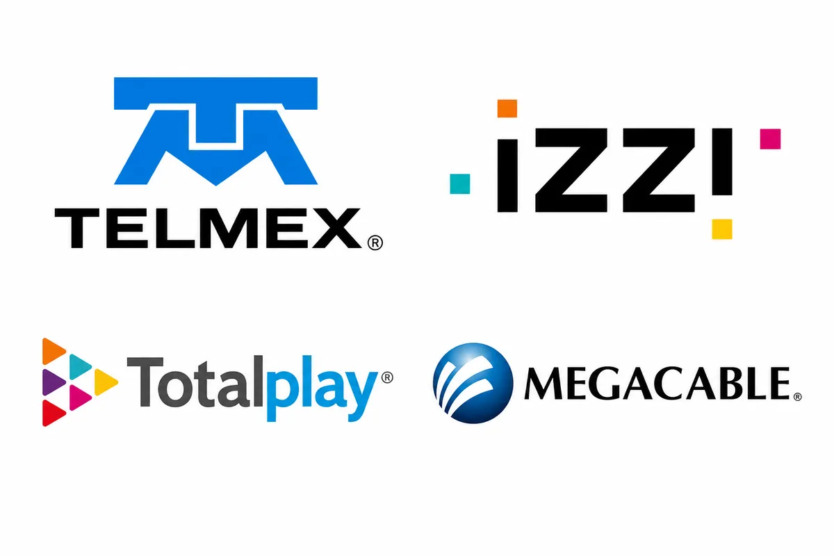Logotipos de Telmex, izzi, Totalplay y Megacable. Compatible, no cambies de compañía.