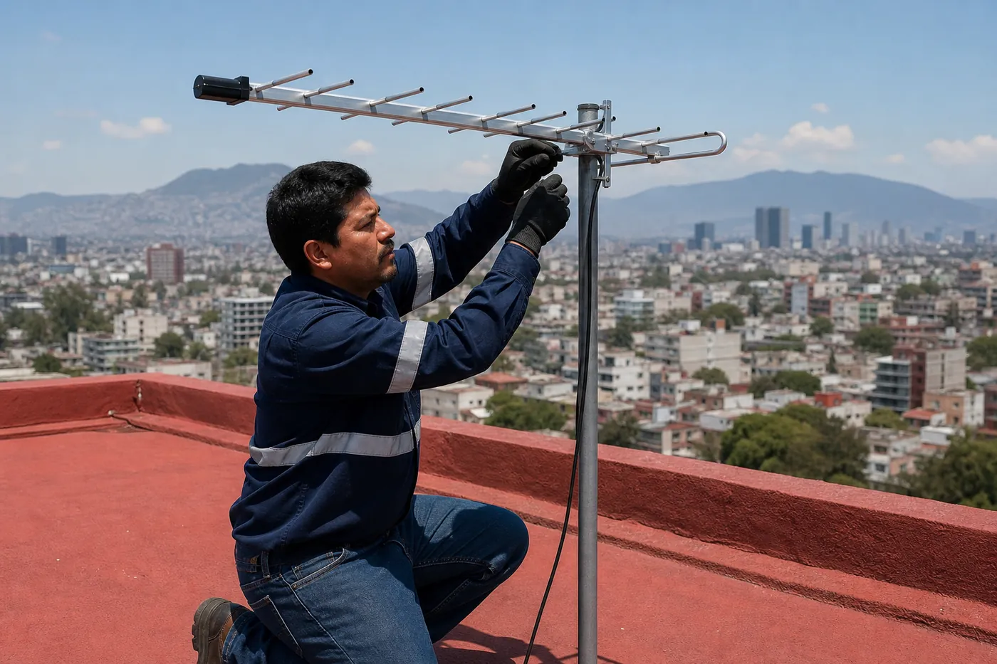 Técnico en uniforme azul instalando una antena de TV de alta definición en una azotea con vista a la Ciudad de México