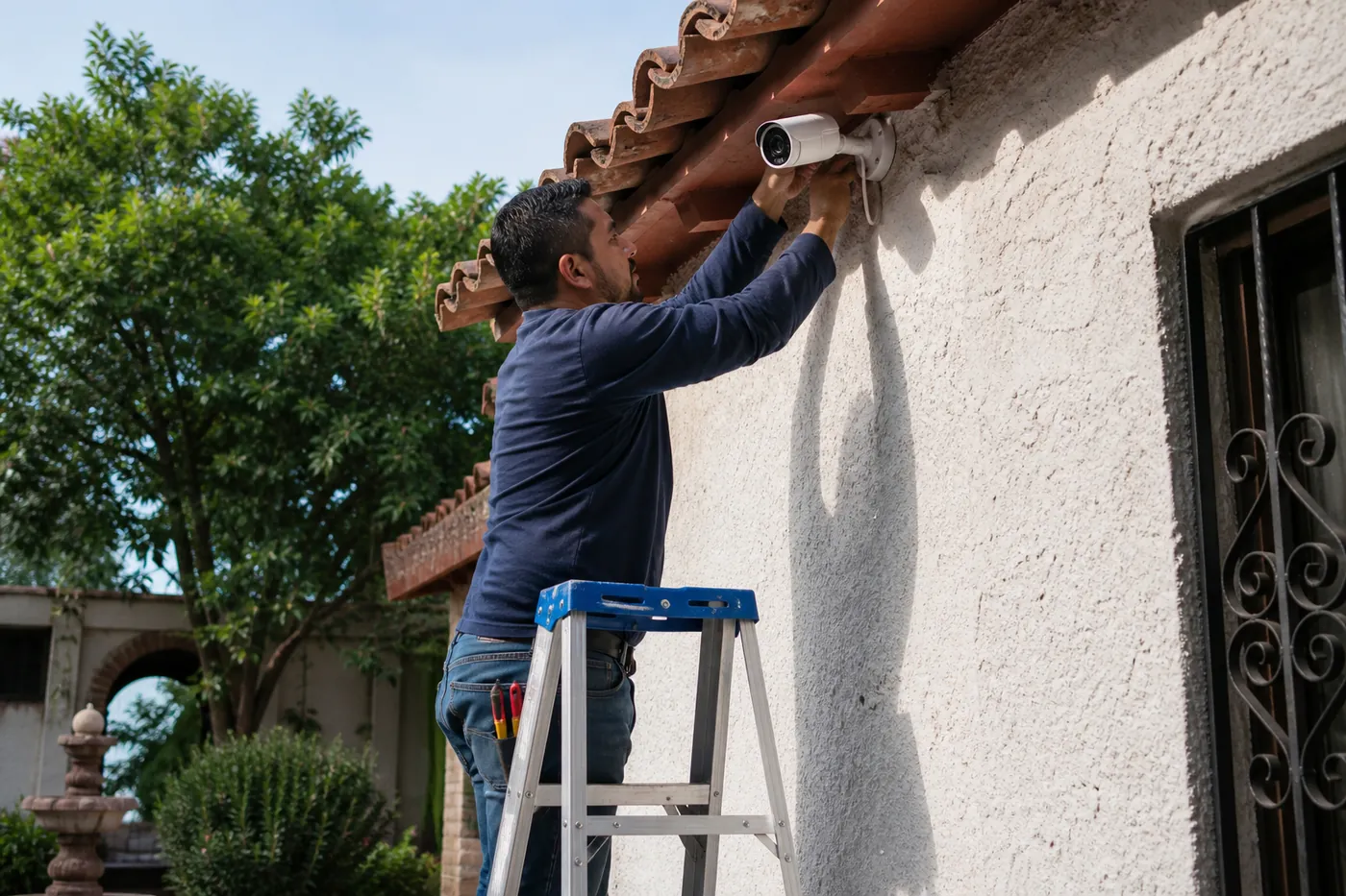 Técnico profesional instalando una cámara de seguridad tipo bala en la fachada de una casa en la CDMX
