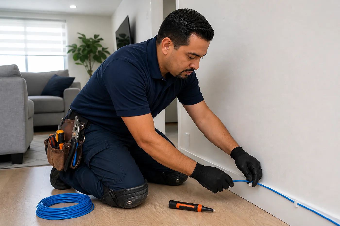 Técnico profesional instalando cableado de red Ethernet azul de forma oculta sobre el zócalo