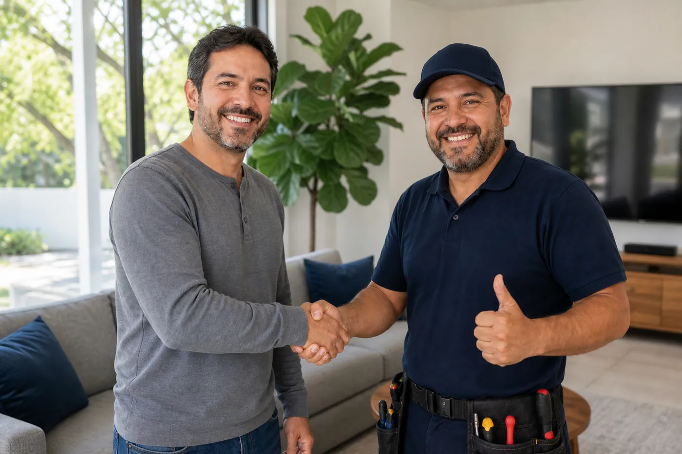 Técnico Rogers y cliente cerrando la instalación con un apretón de manos en un domicilio de CDMX