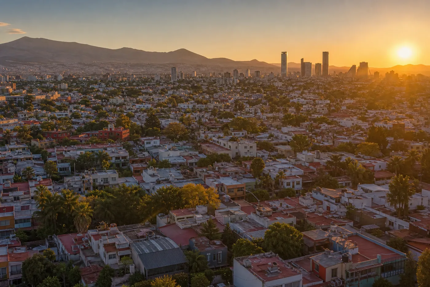 Vista aérea de una zona residencial en la Ciudad de México al atardecer, sin nombres de colonias
